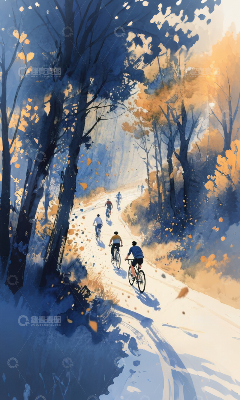 高清大图下载【趣麦麦图】秋日骑行森林水彩画