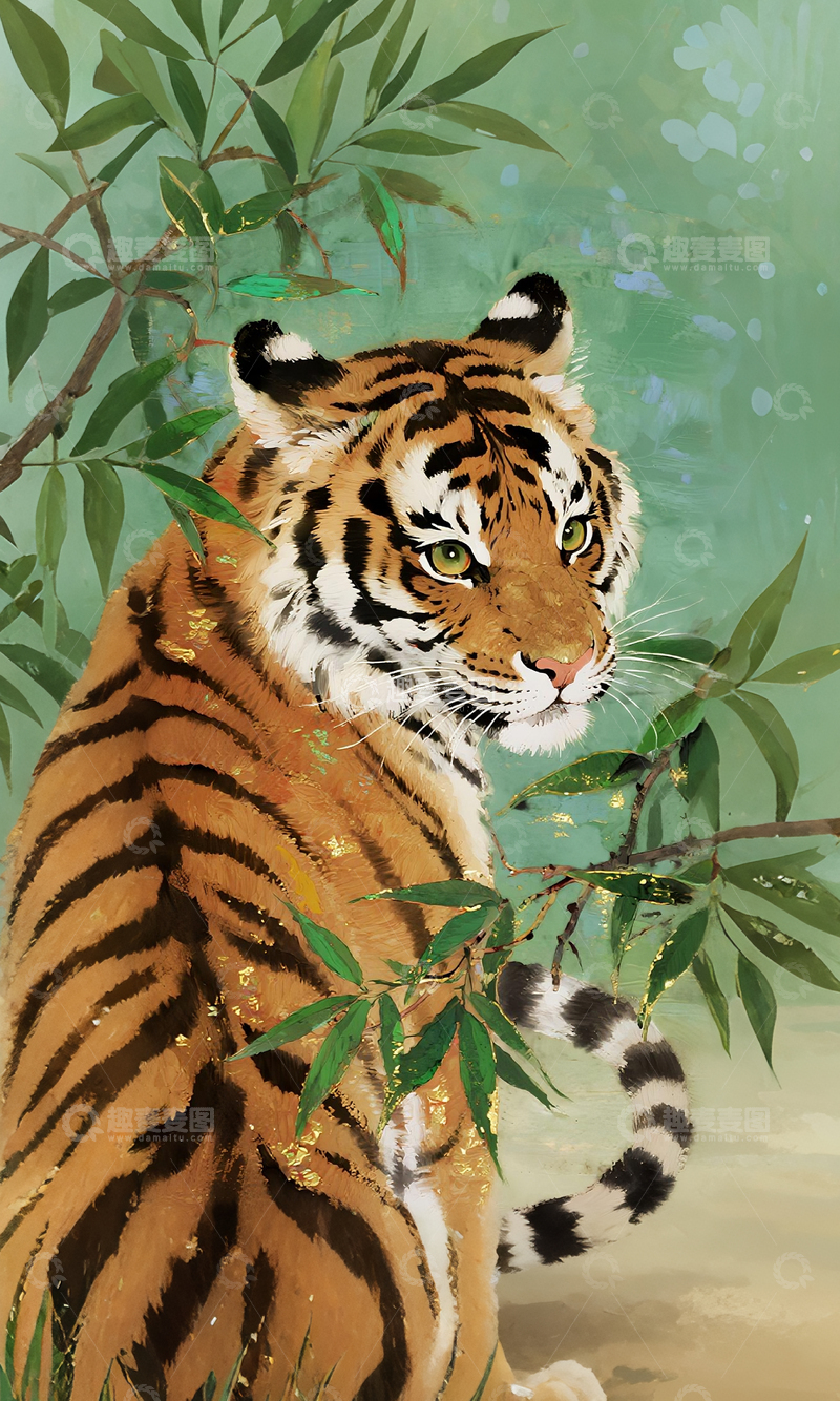 高清大图下载【趣麦麦图】工笔画老虎森林插画