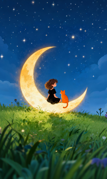 梦幻月夜女孩与猫插画