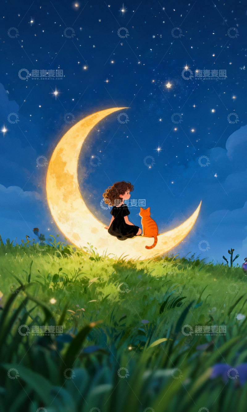 高清大图下载【趣麦麦图】梦幻月夜女孩与猫插画