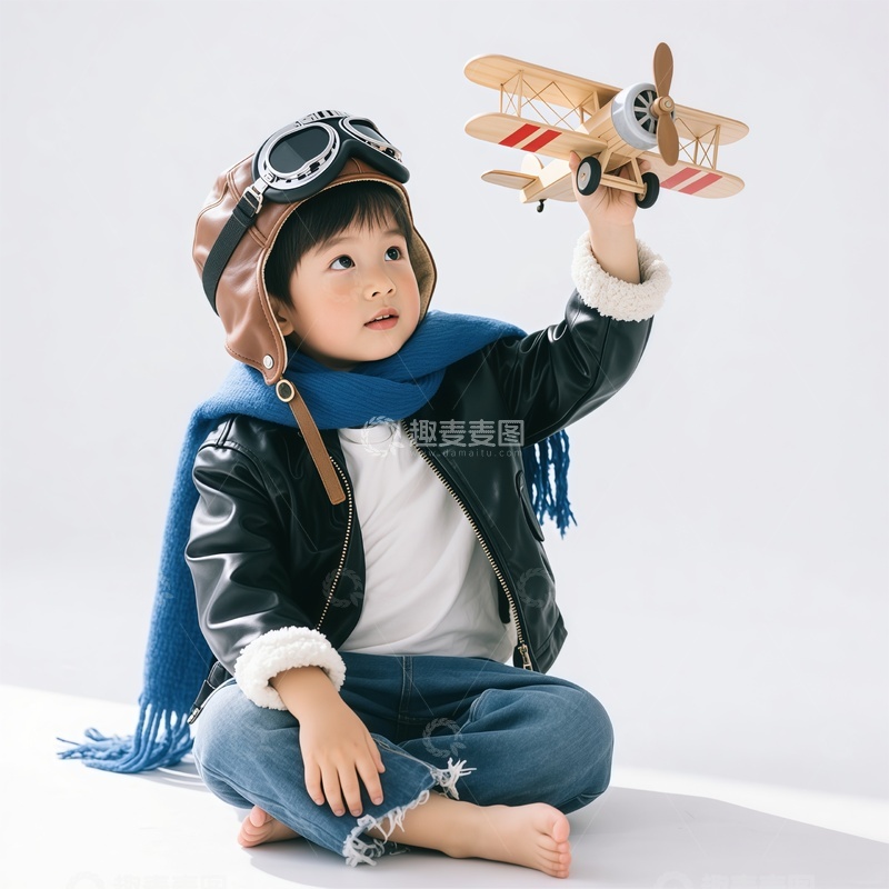 高清大图下载【趣麦麦图】儿童飞行员装扮玩耍木质飞机玩具