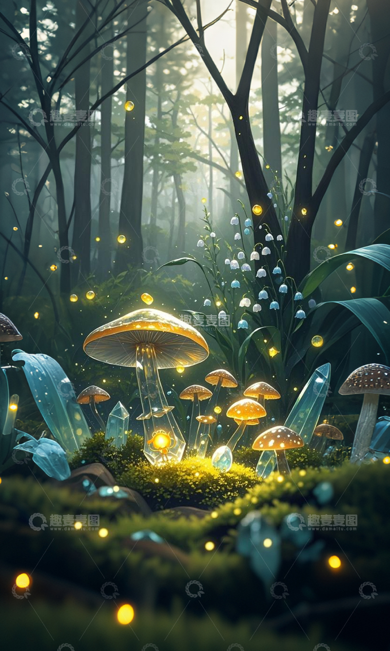 高清大图下载【趣麦麦图】梦幻森林发光蘑菇插画
