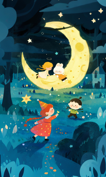 梦幻儿童夜晚月亮插画
