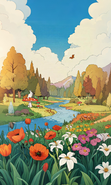 彩绘秋日花园风光插画素材