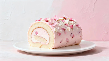 粉红樱花蛋糕卷美食摄影