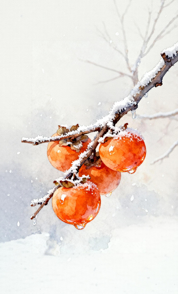 冬日柿子水彩画