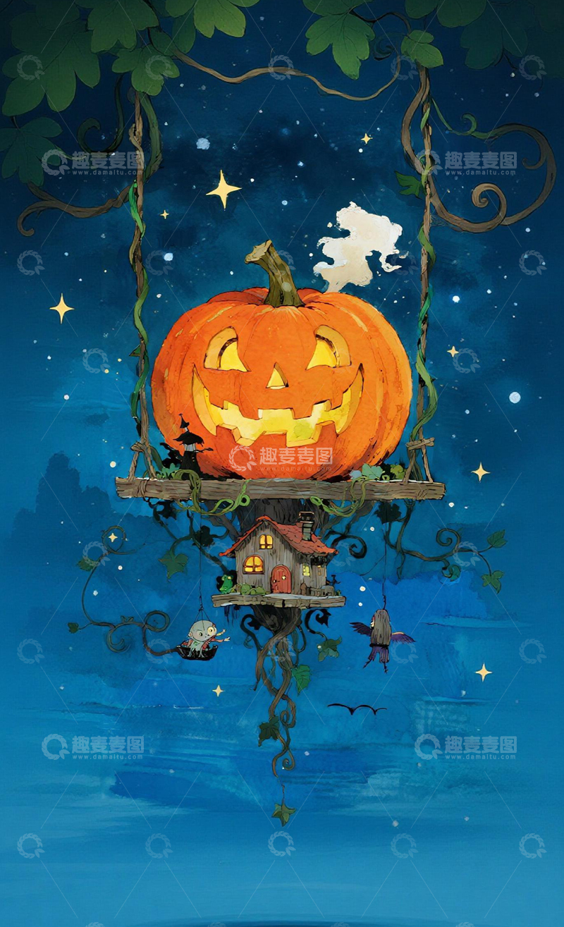 高清大图下载【趣麦麦图】梦幻南瓜夜插画