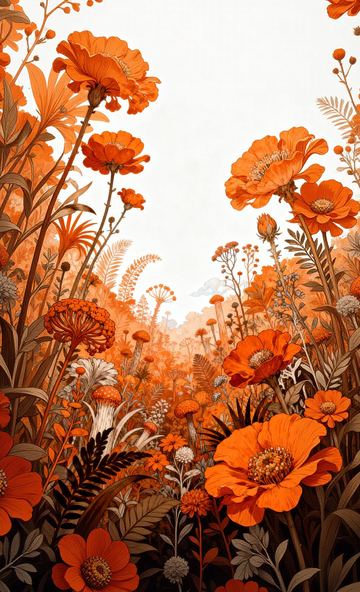 插画风橙红花海艺术壁纸