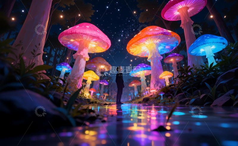 高清大图下载【趣麦麦图】梦幻发光蘑菇森林插画