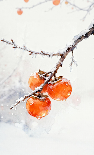 冬日柿子水彩画