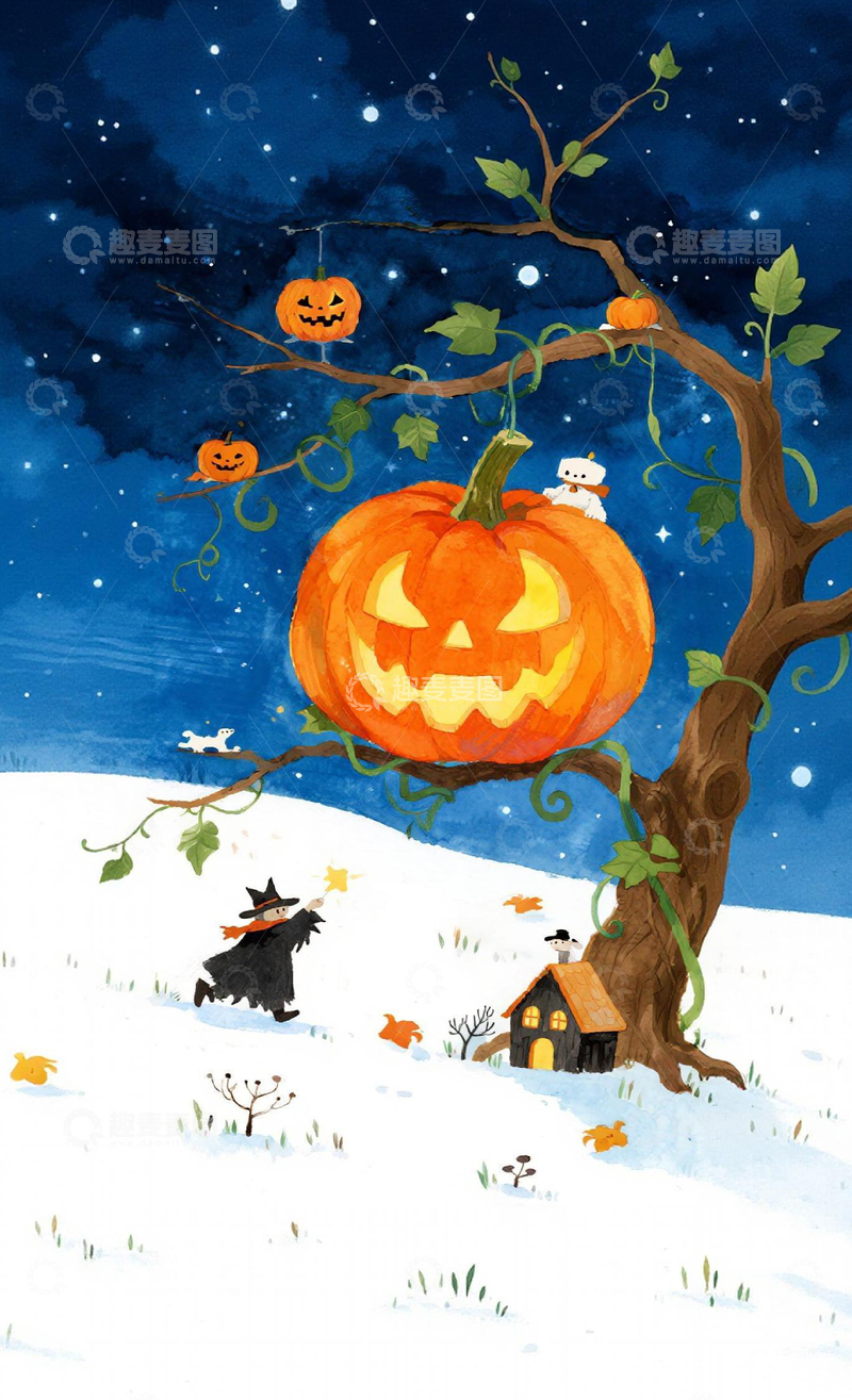 高清大图下载【趣麦麦图】万圣节南瓜树雪景插画