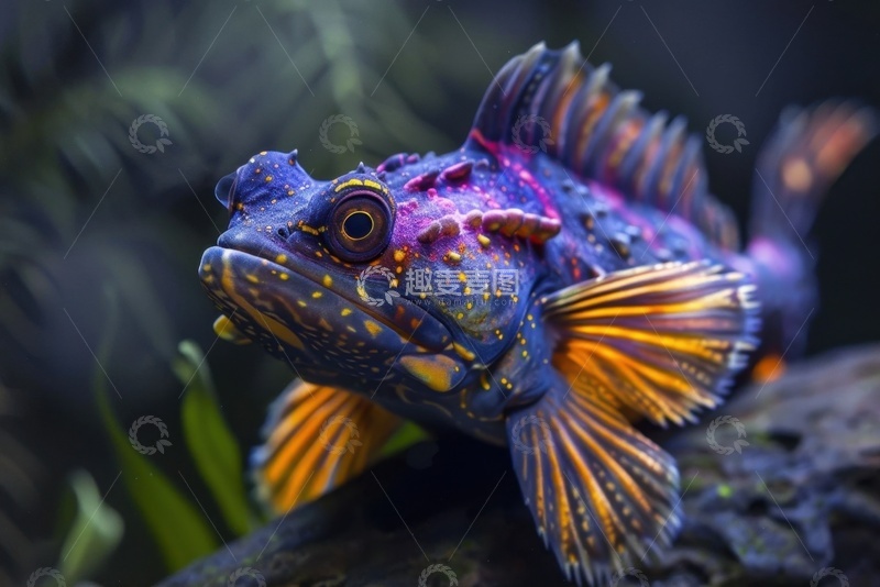 高清大图下载【趣麦麦图】鱼缸里的一只紫色的观赏鱼