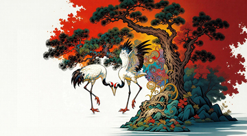 传统中国风仙鹤松树山水画