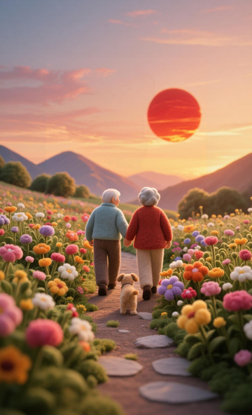 夕阳花海漫步温馨插画