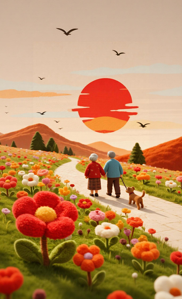 夕阳漫步花园温馨插画