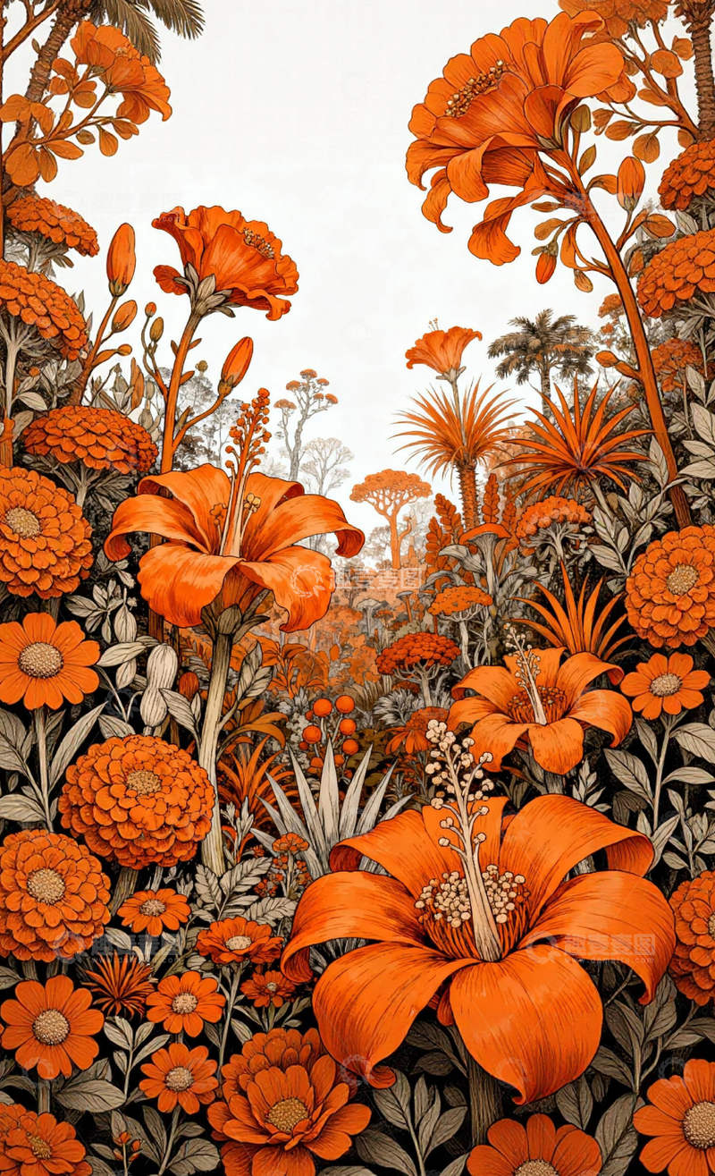 高清大图下载【趣麦麦图】插画风格橙花花园艺术壁纸