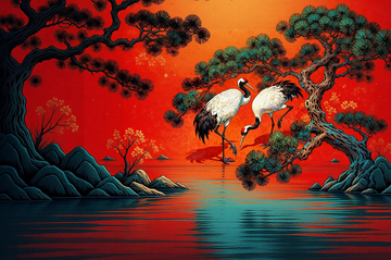 中国风水墨仙鹤松树风景画