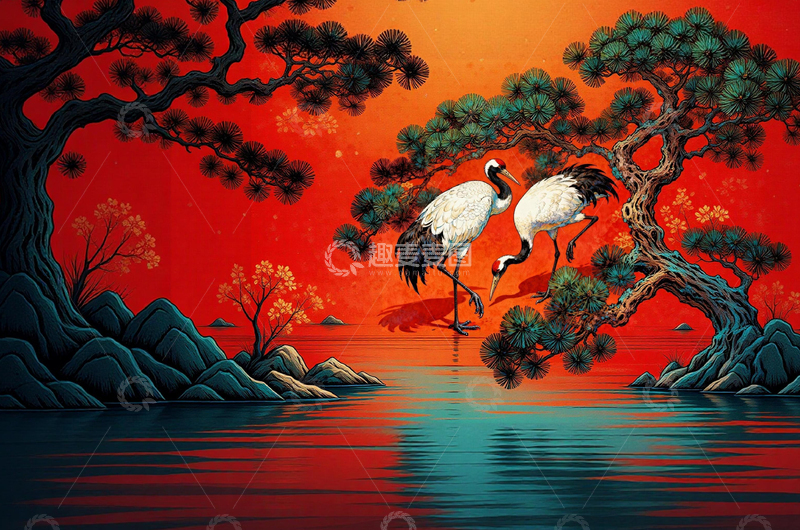 高清大图下载【趣麦麦图】中国风水墨仙鹤松树风景画