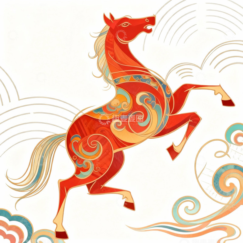 高清大图下载【趣麦麦图】中国风骏马奔腾艺术插画