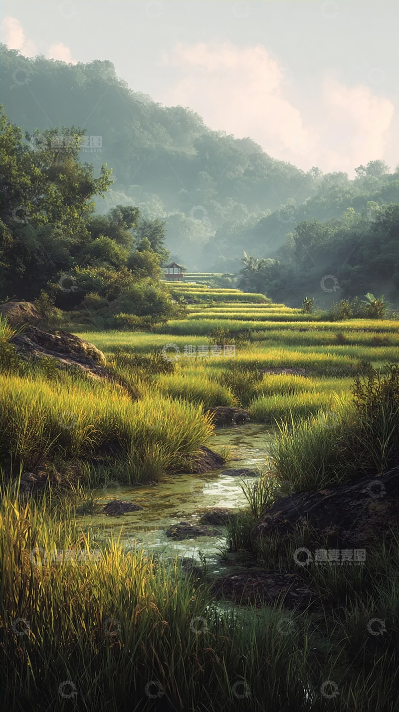 高清大图下载【趣麦麦图】绿意盎然的山间田园风光