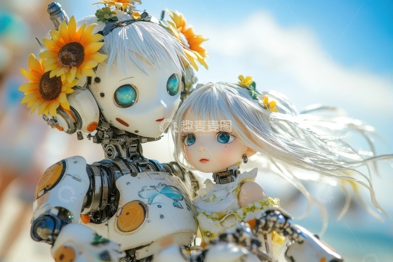 高清大图下载【趣麦麦图】白色的两个可爱机器人