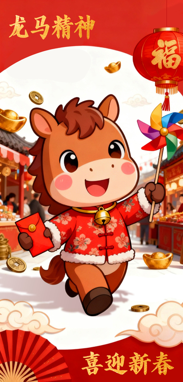 红色喜庆卡通小马灯笼中国风马年海报