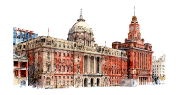 水彩上海外滩建筑风景画