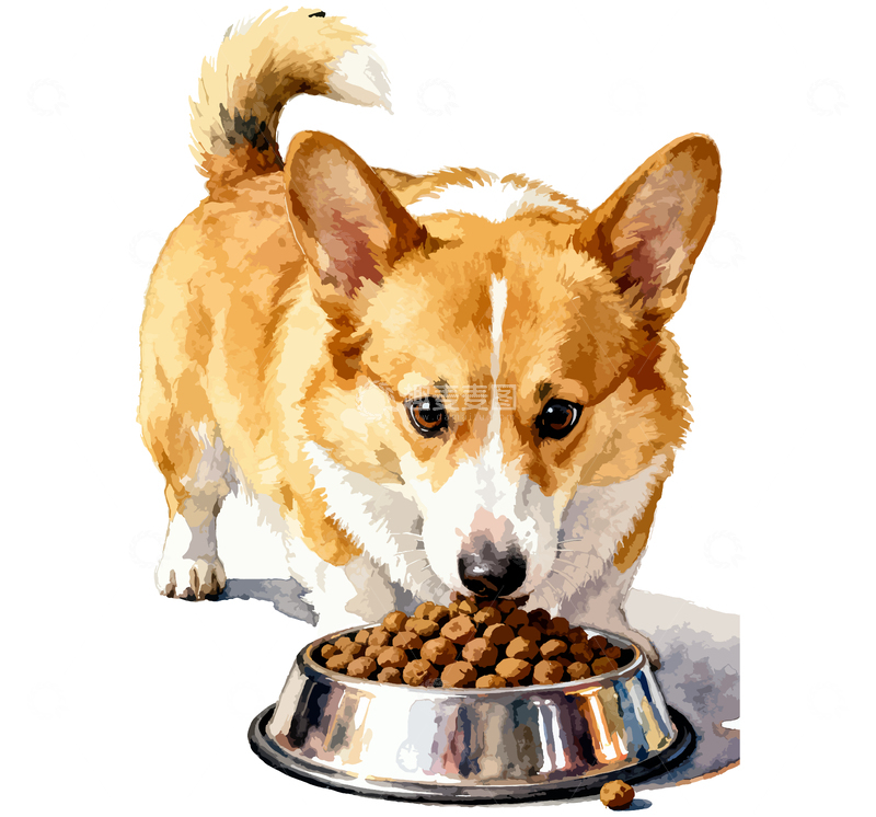 源文件下载【趣麦麦图】水彩画柯基犬吃粮图