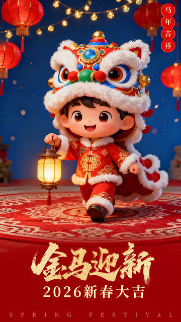 卡通人物立体春节舞狮新春新年海报设计