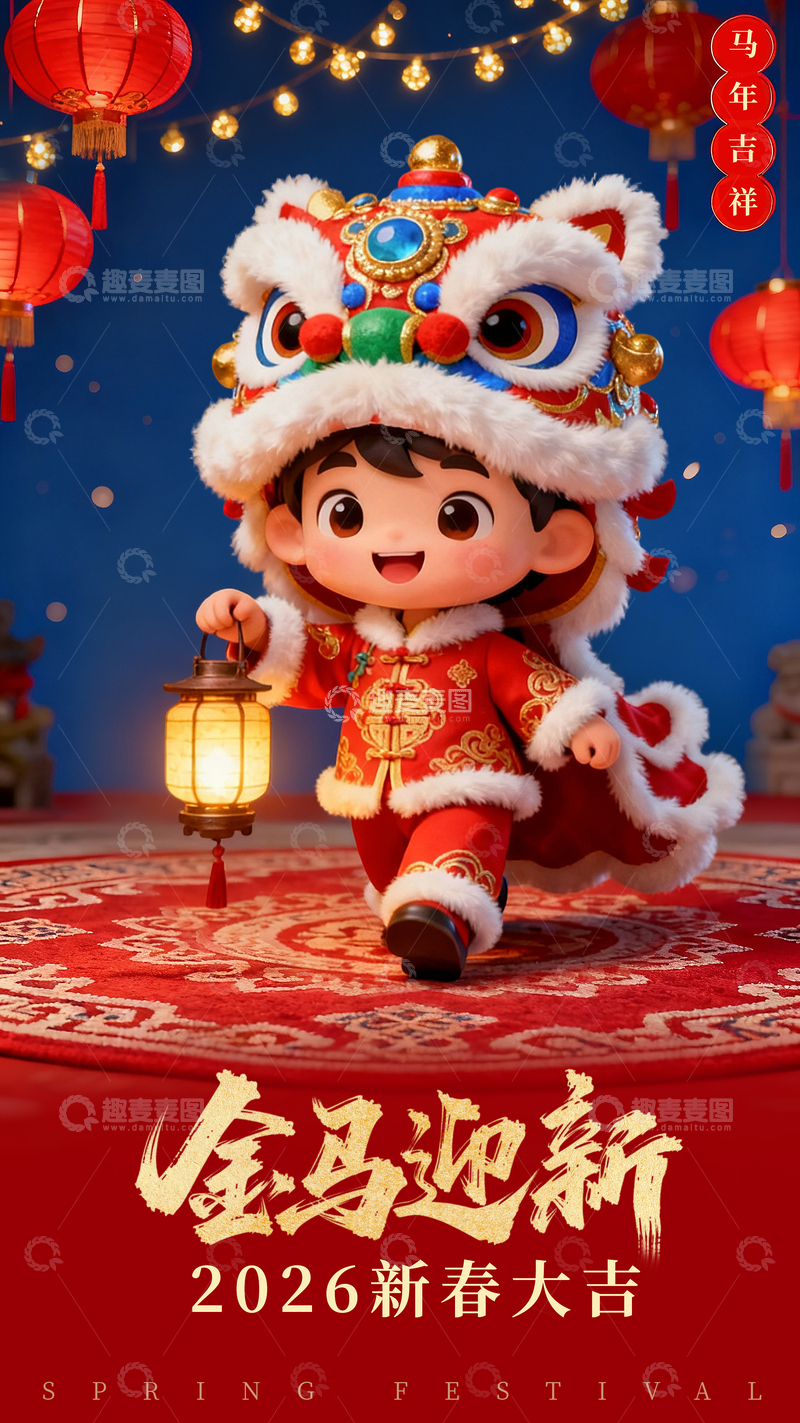 卡通人物立体春节舞狮新春新年海报设计