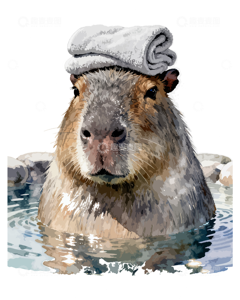 源文件下载【趣麦麦图】水豚戴帽戏水插画