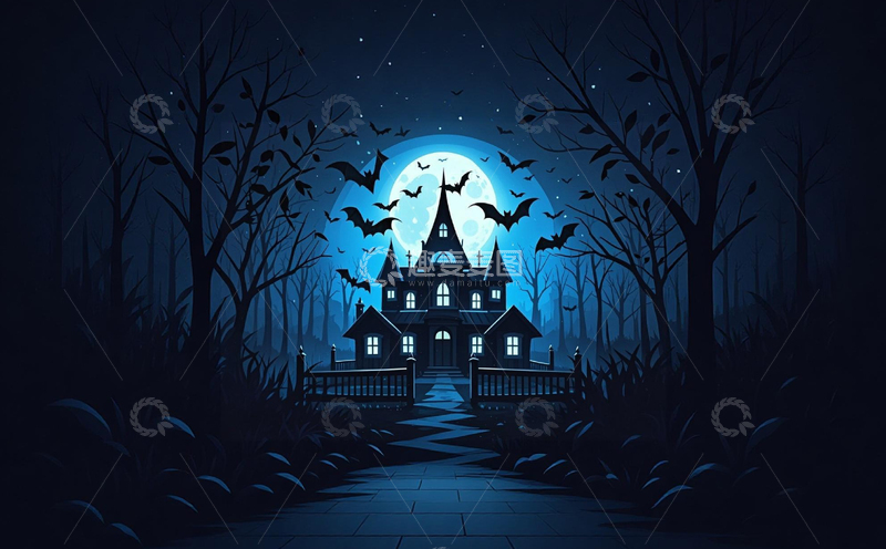 高清大图下载【趣麦麦图】哥特式鬼屋月光蝙蝠插画