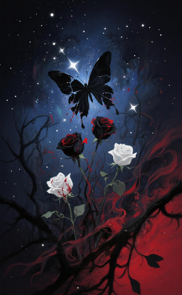 暗黑系蝴蝶玫瑰星空插画