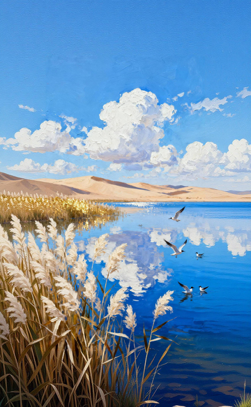 湖畔风景油画自然风光