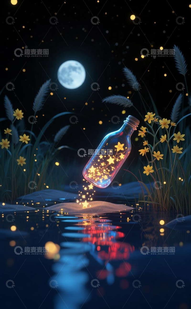 高清大图下载【趣麦麦图】-梦幻瓶中星光夜景插画
