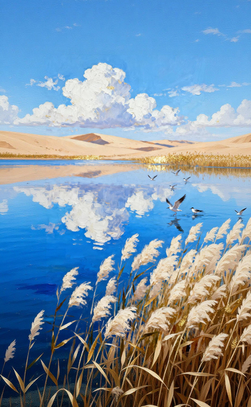沙漠湖畔芦苇飞鸟油画