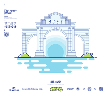 福建厦门大学城市地标矢量建筑线描海报