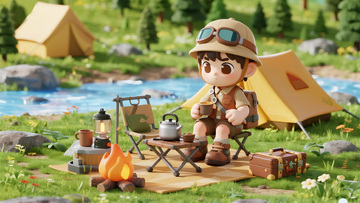 自然惬意：湖畔旁的单人露营 3D 插画