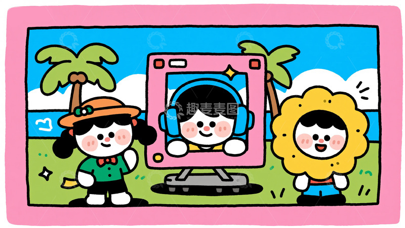高清大图下载【趣麦麦图】夏日童趣：椰树下的相框与孩童插画
