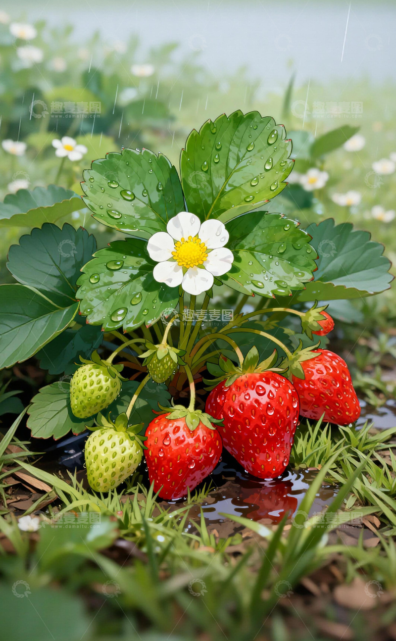 高清大图下载【趣麦麦图】-雨中草莓园自然风光摄影