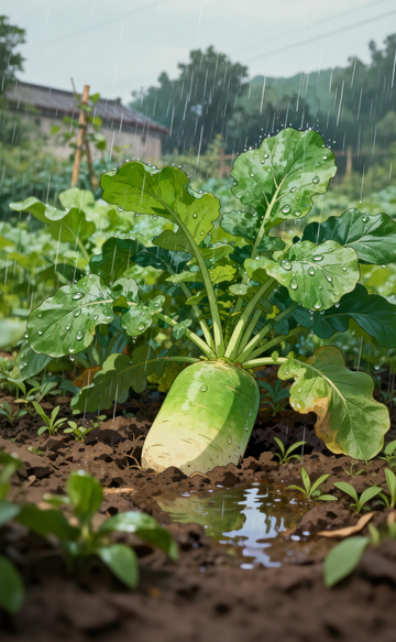 雨中菜地萝卜生长景象