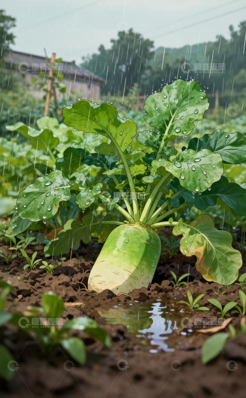 高清大图下载【趣麦麦图】雨中菜地萝卜生长景象