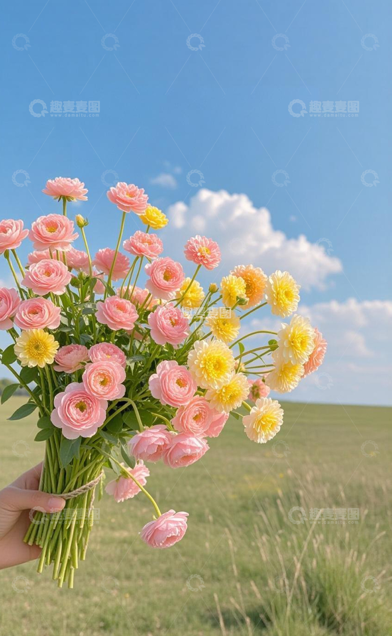 高清大图下载【趣麦麦图】田园风粉色花朵蓝天背景