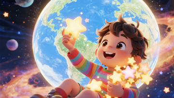 星空童趣：地球旁的抱星男孩 3D 插画