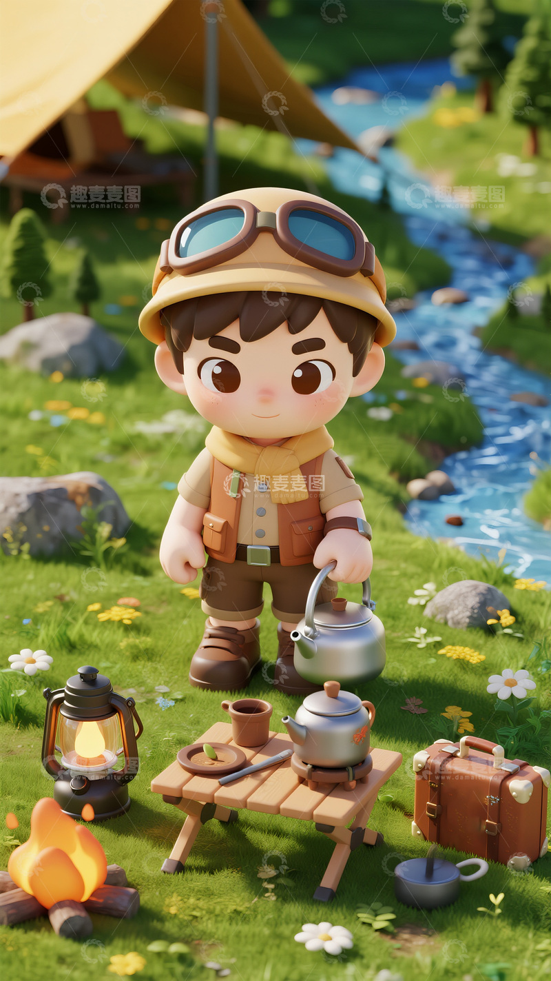 高清大图下载【趣麦麦图】溪流边的童趣：露营男孩的惬意时光