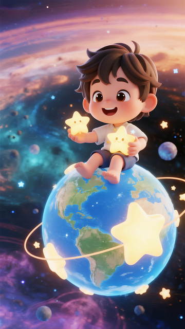 星际童趣：地球之上的摘星男孩 3D 插画