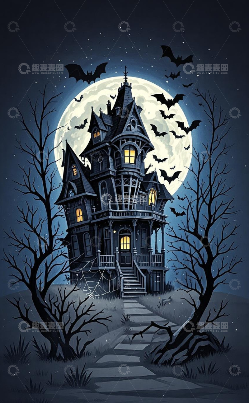 高清大图下载【趣麦麦图】哥特风鬼屋月夜插画