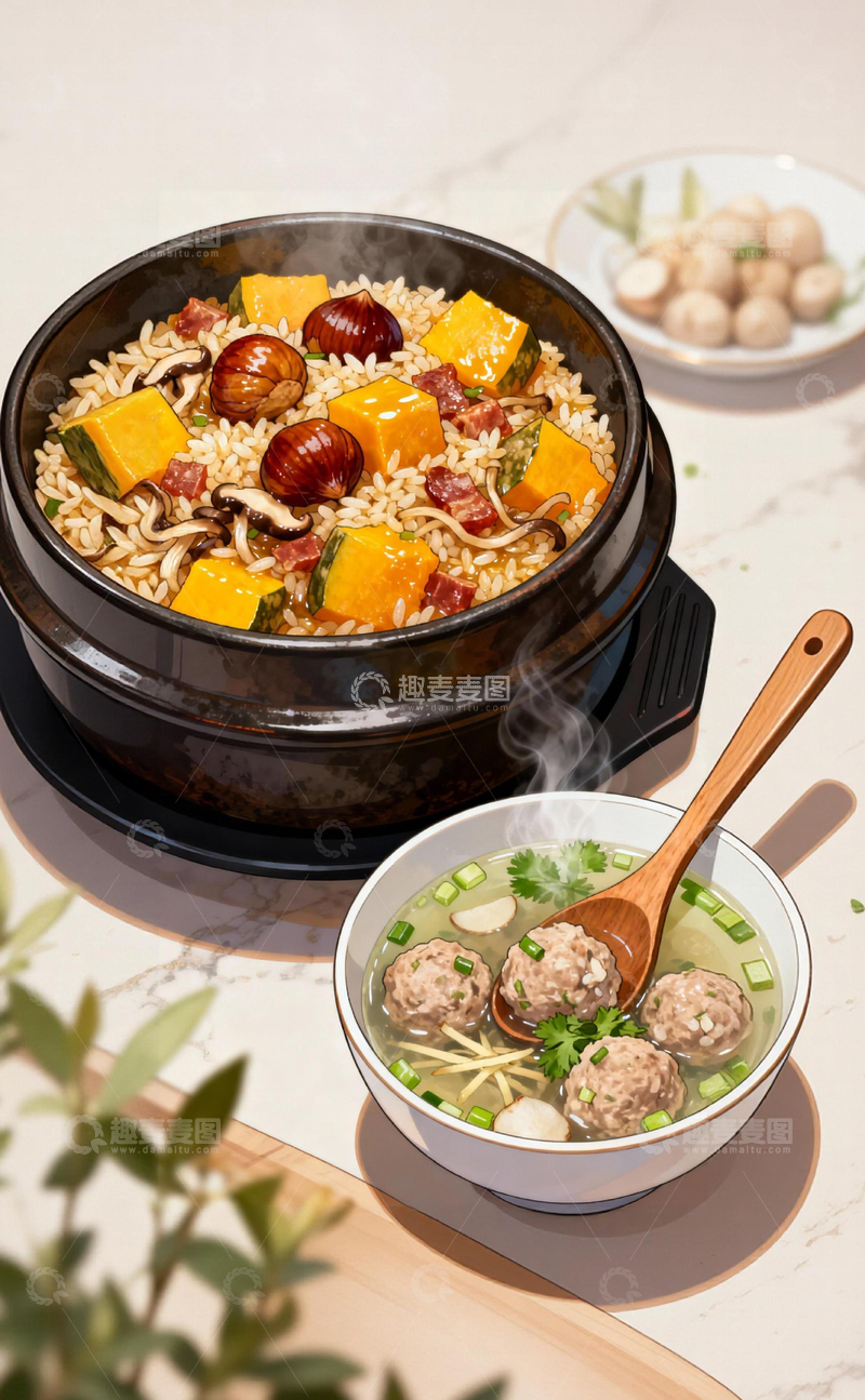 高清大图下载【趣麦麦图】-韩式石锅拌饭丸子汤美食摄影