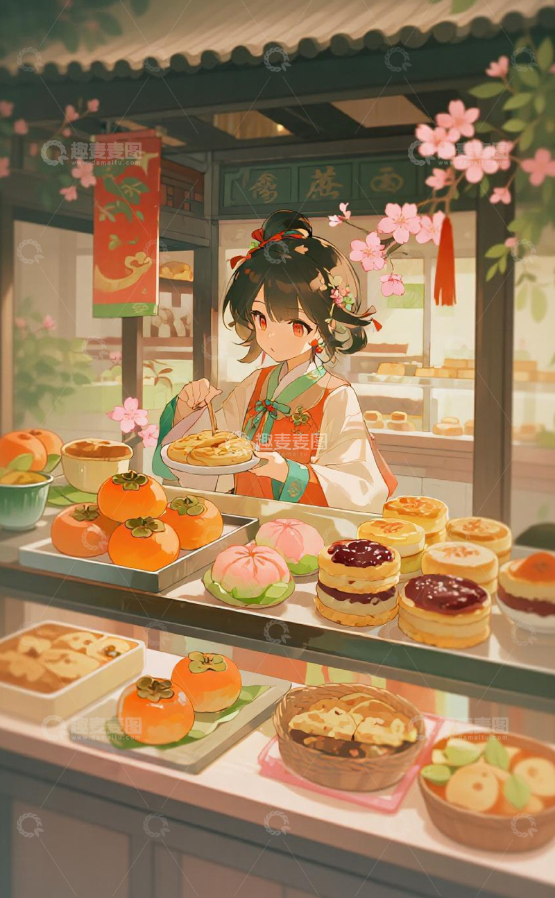 高清大图下载【趣麦麦图】古风糕点铺少女美食插画