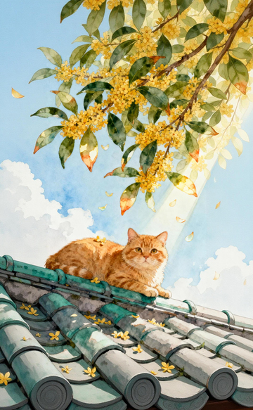古韵屋顶橘猫赏桂图